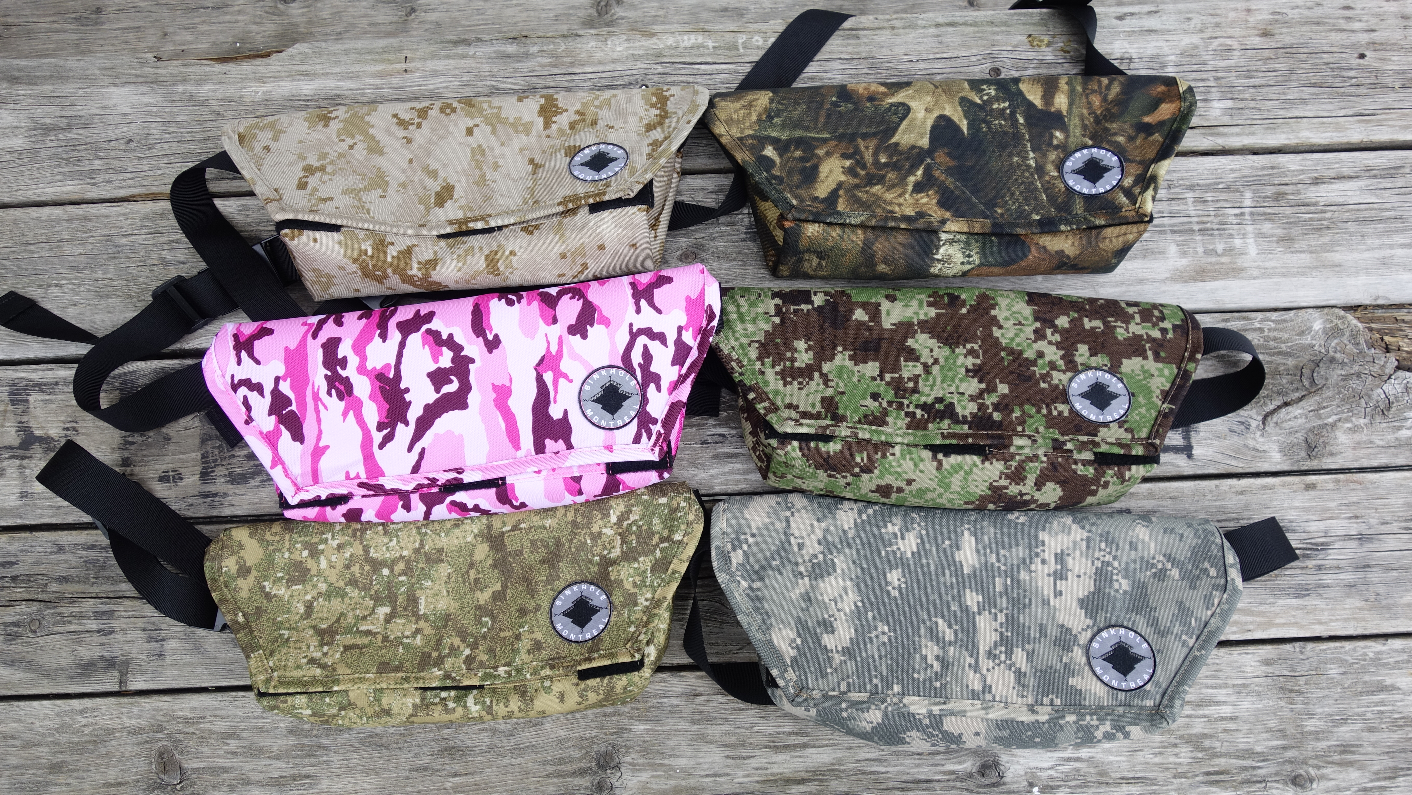 slection of mini-sling bags in different camoflauge patterns